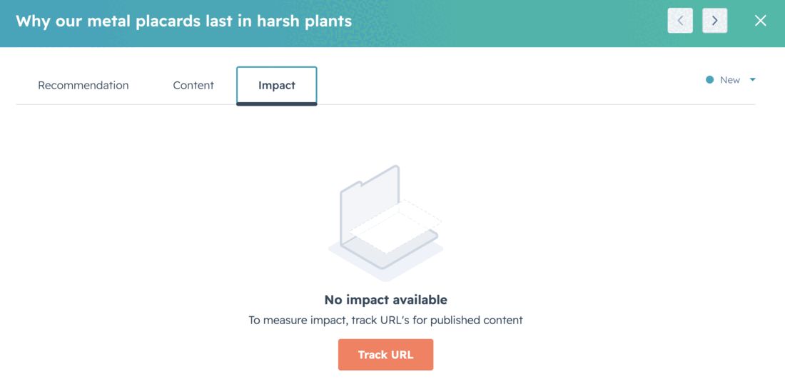 The Impact tab for a recommendation with a Track URL button to measure published content